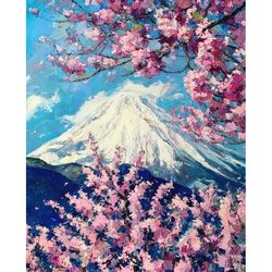 fujiyama cherry blossom japan oil painting cherry blossom painting fuji mount artwork original art wall art 16" by 20"