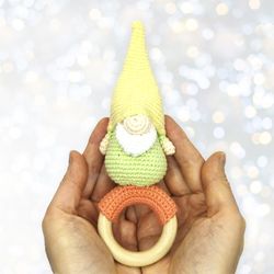 Gnome baby rattle, personalized elf rattle gift idea, expectant mom gift, gnome doll baby shower, play gym, eco baby toy