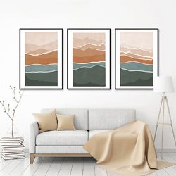 Mountain Wall Art Set Of 3 Prints Very Large Poster Downloadable Art Abstract Mountains Triptych Green And Rust Home Art