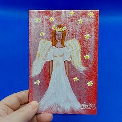 Guardian Angel Original Mini Painting Angel Wings Art Religious Painting Girl Angel Picture Gift Angel Small Painting