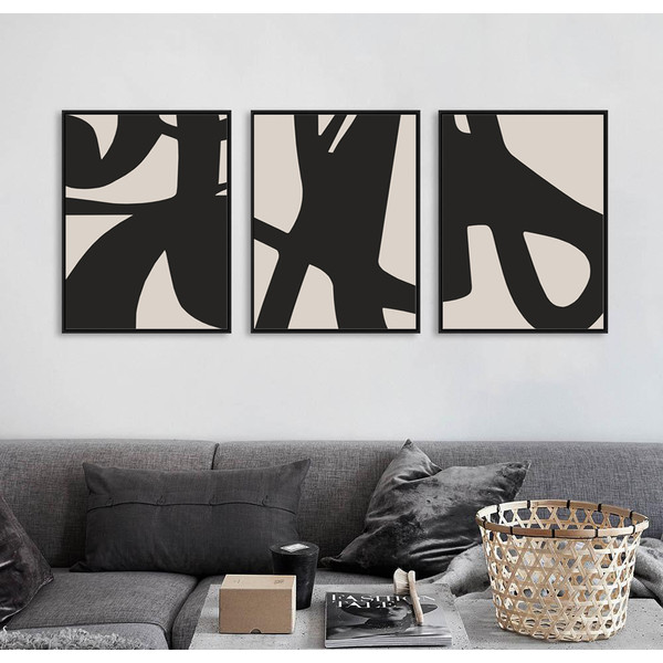 three abstract paintings in black and beige, easy to download