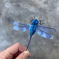 Blue dragonfly pin Needle felted realistic dragonfly brooch for women Handmade insect replica jewelry