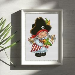 Pirate gnome girl cross stitch pattern PDF, gnome cross stitch, pirate girl, parrot cross stitch, counted cross stitch