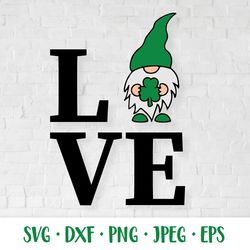 Love Patricks Day SVG  design with gnome holding shamrock leaf