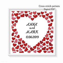 Heart frame cross stitch pattern, Anniversary cross stitch pattern, Wedding embroidery, Instant download, Digital PDF
