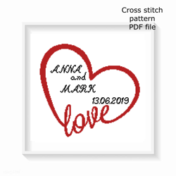 Heart Love frame cross stitch pattern, Personalized cross stitch pattern, Wedding embroidery, Instant download, Digital