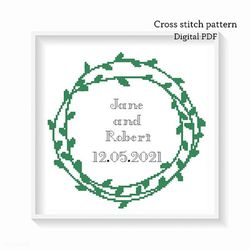 Green wreath cross stitch pattern, Personalized cross stitch pattern, Wedding Anniversary embroidery, Instant download,