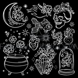 love magica witchcraft symbol monochrome doodle object set