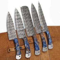 premium handmade damascus steel chef knife set – 5-piece with ergonomic rosewood handles for professional kitchen use