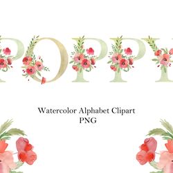 Watercolor poppy,  floral letters, flower numbers.