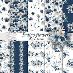 Watercolor indigo flowers, seamless patterns.