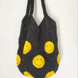 Smiley Face Crochet Bag, Crochet Granny Square Bag, Happiest Bag, Crochet Smiley Handbag, Crochet Patchwork Bag