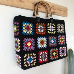 Crochet Granny Square Bag with Bamboo Handles, Summer Bag Tote, Crochet Patchwork Bag, Rainbow Square Crochet Bag