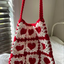 Crochet Heart Tote Bag, Crochet Heart Bag, Crochet Granny Square Tote Bag, Crochet Patchwork Bag