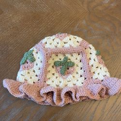 Crochet Strawberry Summer Granny Hat, Strawberry Crochet Hat, Handmade Vintage Hat, Strawberry Granny Square Crochet Hat