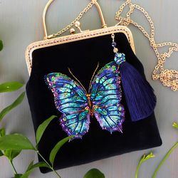 Big Butterfly Embroidery Velvet Crossbody Handbag with Initials