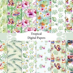 Watercolor tropical seamless patterns.