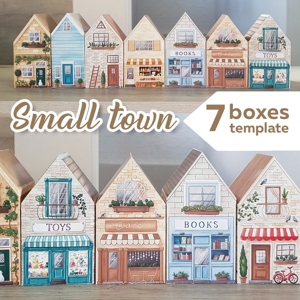 House Pattern Box 7 Houses DIY boxes template. Vintage Craft paper house - Inspire Uplift