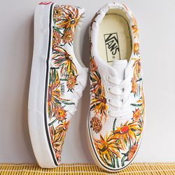 Van Gogh's Sunflowers Hand Painted Sneakers, White Floral Canvas Vans, custom shoes