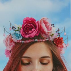 Rose Garden Flower Crown- Bohemian festival tiara with flowers, shells and beads, hippie headband