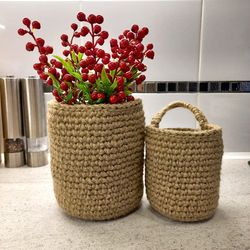 HANGING fruit basket Crochet jute basket with handle Kitchen wall decor Ecofriendly product Boho decor Gift
