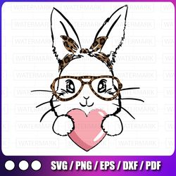 cute bunny rabbit heart with leopard glasses, bunny with heart glasses svg, rabbit bandana glasses bubblegum svg, dxf