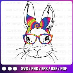 "cute bunny face tie dye glasses and bandana png sublimation, easter design png sublimation, bunny with bandana png