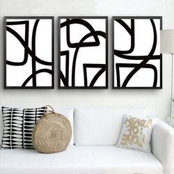 Abstract Line Art Triptych Set Of 3 Prints Geometric Poster Digital Download Black White Wall Art Living Room Decor
