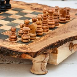 handmade olive wood rustic chess board set
