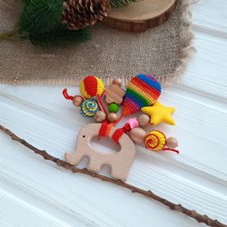 Baby gift toy wooden rattle elephant, keepsake baby gift toy rainbow - sensory toy for boy girl - baby shower favor gift