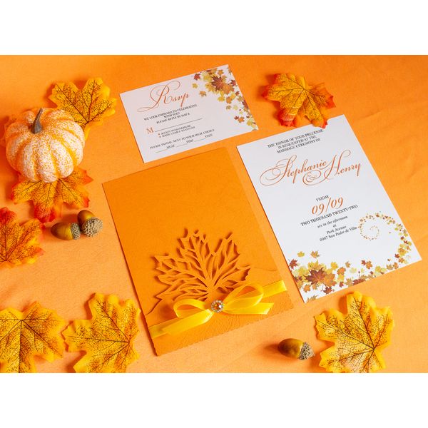 Fall wedding dry leaf invitation template, Maple leaf autumn Inspire