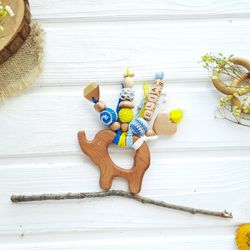Personalized wooden rattle toy elephant with name boy girl - baby sensory toy - eco friendly first time mom gift