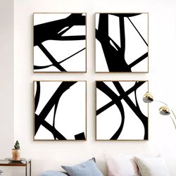 Line Art Painting, Set Of 4 Wall Art, Abstract Pictures, Digital Download, Black And White Prints, Abstract Posters
