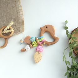 Wooden baby rattle toy bird and heart for new baby gift, travel organic sensory toy - keepsake baby girl shower gift