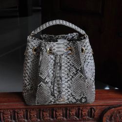 genuine python skin grey bucket crosshandle bag/ designer women purse | classy elegant rossbody bag | exotic leather bag