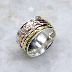 Silver Fidget Spinner Women Ring Handmade Jewelry, Artisan Multi Metal Ring Statement Jewelry, Unique Gift For Her