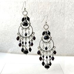 Black crystal chandler earrings boho earrings dangle earrings long Gothic earrings ethnic earrings