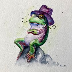 Frog Watercolor Painting, Original Whimsical Frog Painting, Cottagecore Art, Nursery Room Decor, Painting Wall Art