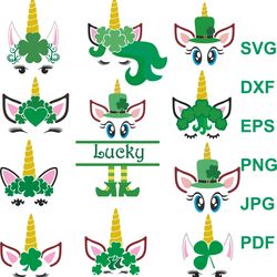 Unicorn SVG, Unicorn Head, Unicorn Face,  St. Patrick's Day SVG  PNG EPS DXF Unicorn Clipart, Unicorn with Clover Leaf