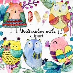 watercolor owls clipart, png.
