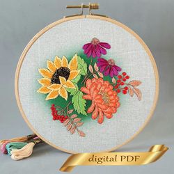 Bouquet flowers pattern pdf embroidery, Easy hand embroidery DIY