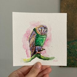 Original Owl Watercolor Painting, Small Watercolor Art, Fairycore Art, Bird Painting, Owl Wall Decor, Owl In A Sweater
