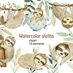 watercolor sloths clipart, png.