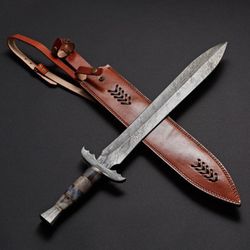 custom handmade damascus steel double edges viking sword, hunting sword