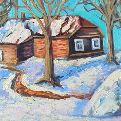 Snow Cabin Painting Landscape Original Art Impasto Oil Painting 7x10in by Inna Bebrisa