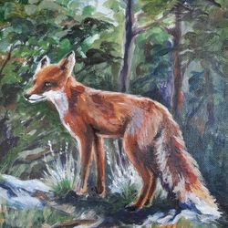 Fox painting Original acrylic painting Tree painting Wildlife painting Woodland animal art Small painting