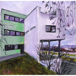 house designed by le corbusier in stuttgart. original acrylic painting 6x6"
