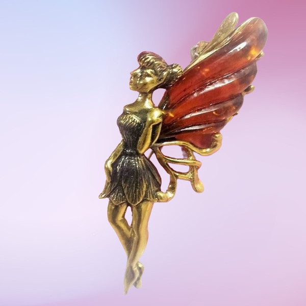 Fairy Butterfly figured Brooch Amber Jewelry Women Cartoon Brooch Fairy Tinker Bell gift Girl dress Brooch pin red wine gold Holiday christmas mother day gift.p