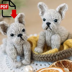 French Bulldog puppy knitting pattern. Little knitted realistic dog step by step tutorial. English and Russian PDF.