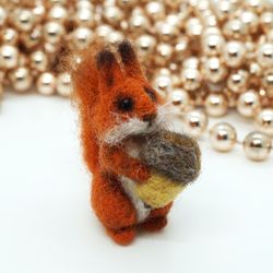 Miniature needle felted squirrel, gray squirrel with acorn